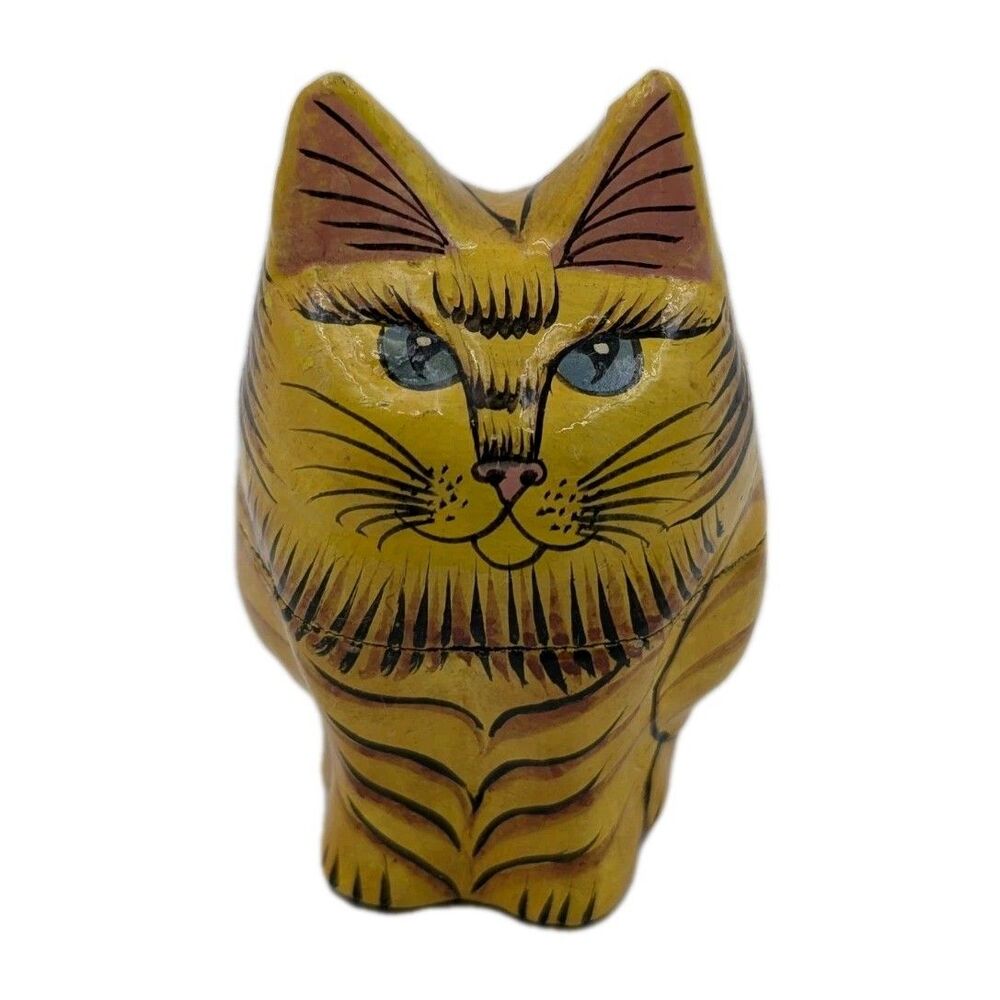 Vintage Kashmiri Papier Mache Cat Trinket Box Hand Painted Orange Tabby India